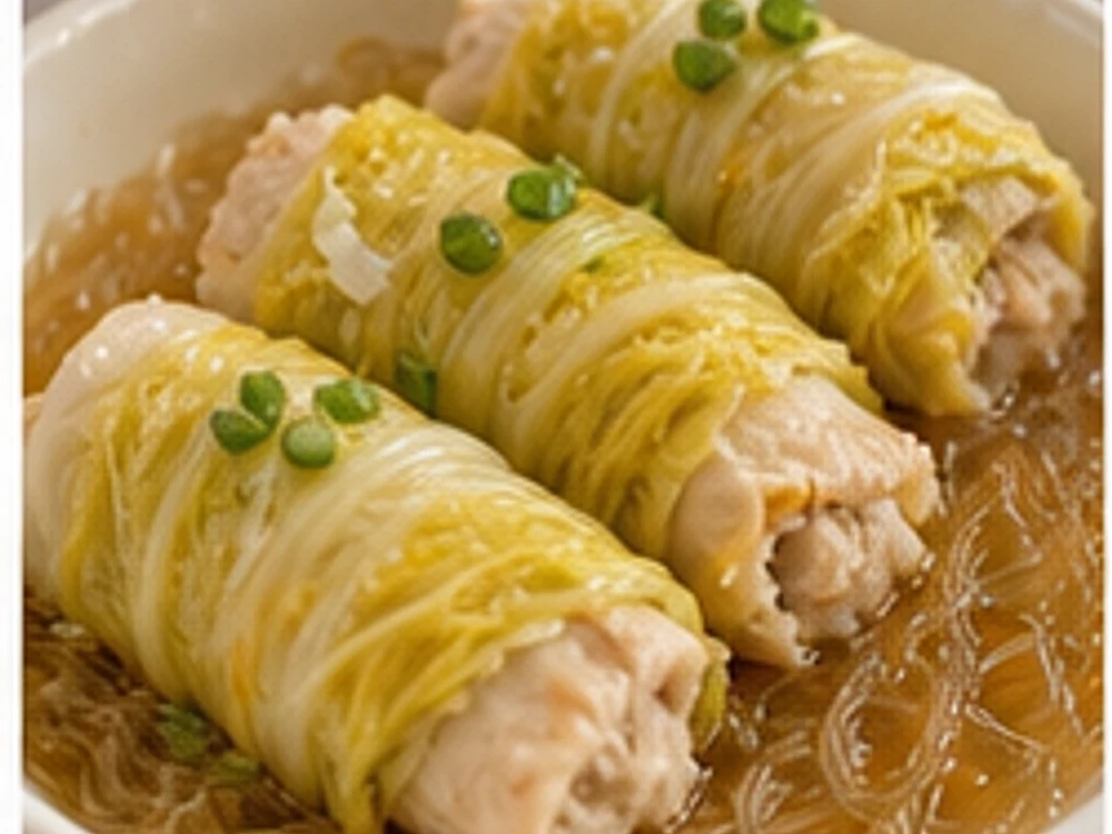 蒸锅娃娃菜鸡肉卷 成品图