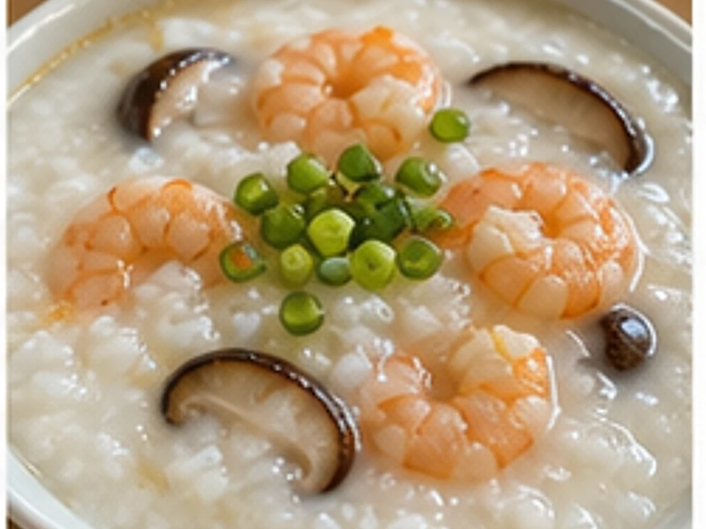 小锅鲜虾菌菇粥 成品图