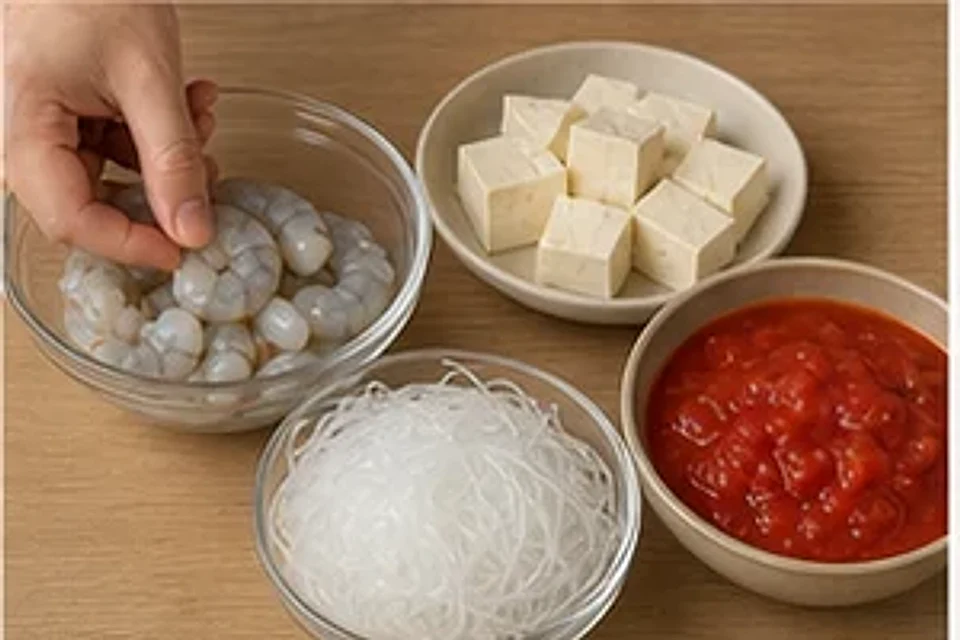 虾仁豆腐一人锅番茄汤底 第1步操作图
