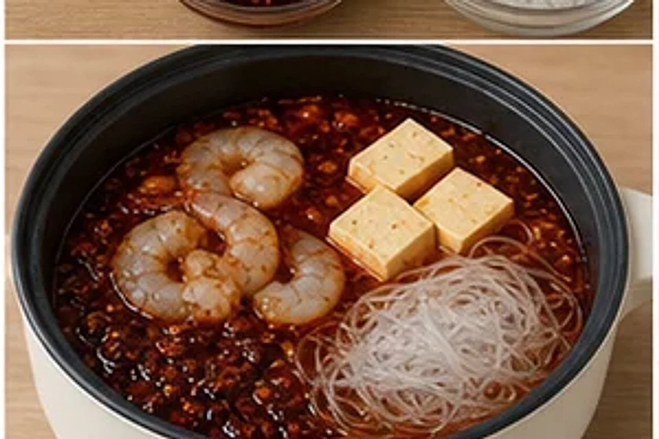 虾仁豆腐一人锅麻辣汤底 第2步操作图