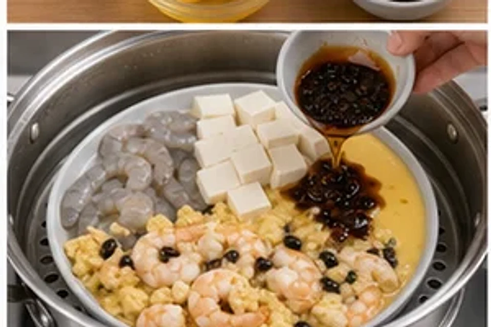 虾仁豆腐蒸蛋豉汁版 第2步操作图