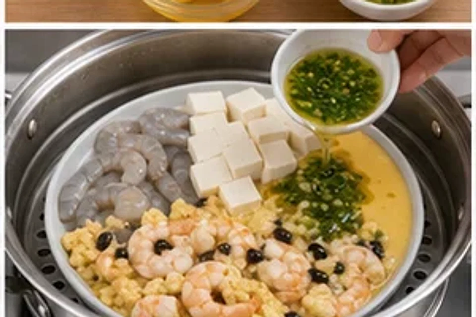 虾仁豆腐蒸蛋葱油版 第2步操作图