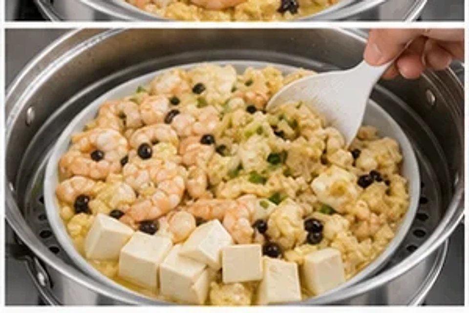虾仁豆腐蒸蛋葱油版 第3步操作图